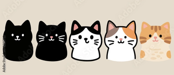 Fototapeta Adorable cartoon cat faces in various colors, perfect for playful designs and charming projects