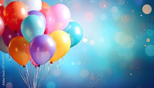 Fototapeta A vibrant cluster of colorful balloons against a soft, light blue backdrop, showcasing a joyful and celebratory atmosphere.