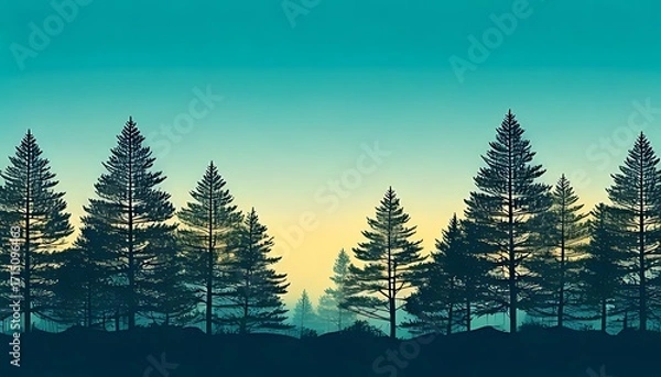 Fototapeta Minimalist illustration of a serene forest landscape at sunrise or sunset, featuring dark evergreen pine tree silhouettes against a vibrant gradient sky