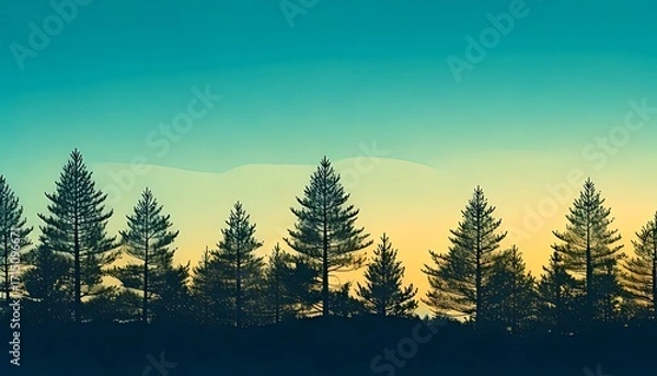 Fototapeta Tranquil evergreen forest silhouette against a gradient sky, evoking natural serenity and vibrant growth