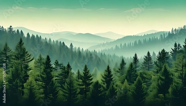 Fototapeta Breathtaking illustration of a vast evergreen forest panorama with misty mountains, showcasing dense pine trees under a serene sky. Ultra-detailed natural landscape