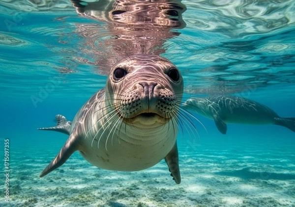 Obraz Close-up Hawaiian monk seal underwater with whiskers and curious gaze in turquoise ocean habitat