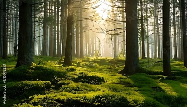 Fototapeta Sunbeams illuminating a moss-covered forest floor, surrounded by majestic pine trees