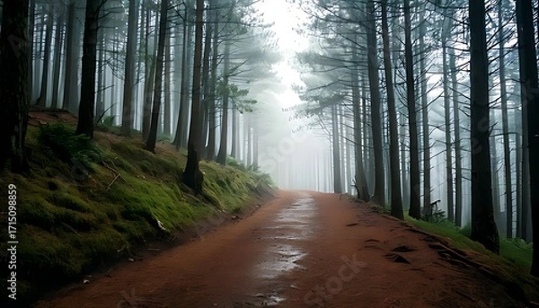 Obraz A serene, mist-shrouded forest road lined with tall evergreen trees, bathed in ethereal light
