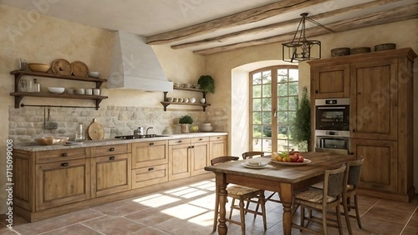 Fototapeta A rustic kitchen with wooden cabinets and a dining table setup near window