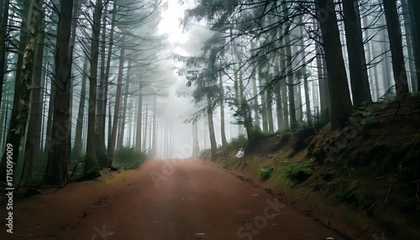 Obraz A cinematic view of a mysterious dirt road winding through a dense, foggy evergreen forest, evoking a serene and solitary journey into the heart of nature