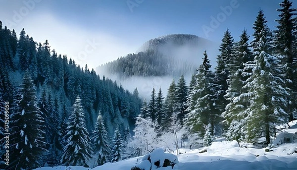 Obraz Serene winter mountain forest with snow-covered pine trees and misty peaks, a breathtaking natural landscape