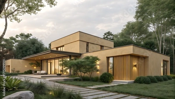 Fototapeta Modern house exterior with landscaping and stone pathway leading up