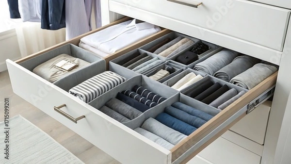 Fototapeta Open drawer with organized clothing and dividers in a white closet