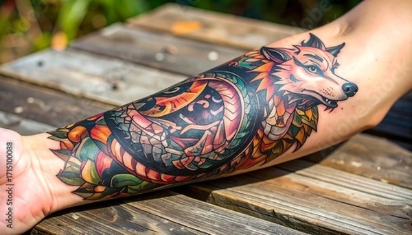 Fototapeta Vibrant forearm tattoo close-up. Snarling wolf's head intricately woven with colorful mythical dragon patterns, showcasing powerful, detailed body art