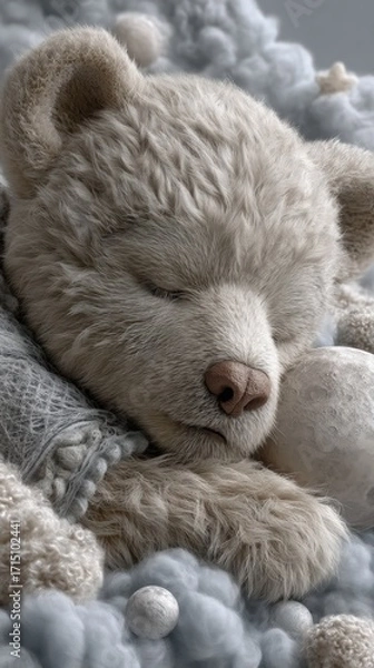 Fototapeta Cozy nursery with sleeping plush bear and soft decor