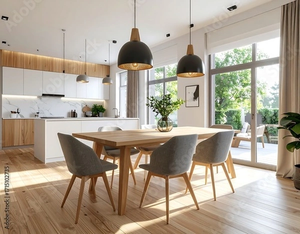 Fototapeta Modern open-plan dining and kitchen interior. Wooden table, contemporary chairs, pendant lights, and natural light from large windows create an inviting home design