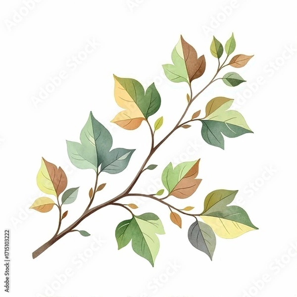 Fototapeta Botanical illustration of a branch with colorful seasonal leaves. Stylized watercolor foliage isolated on a white background.