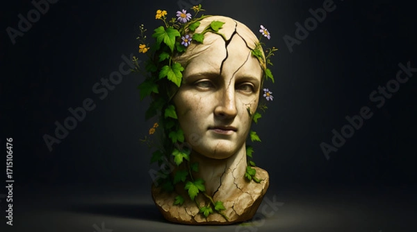 Fototapeta Roman style marble bust with ivy vines and leaves wrapped around – fusion of classical sculpture and greenery