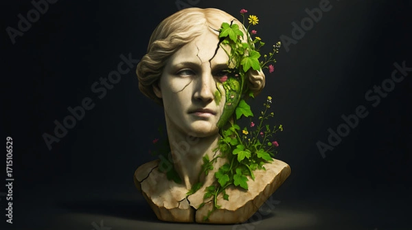 Fototapeta Classical marble bust with ivy plant growing around – ancient statue artwork mixed with natural greenery
