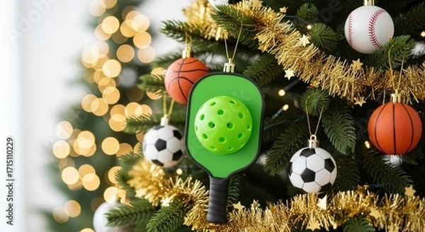 Fototapeta Festive sports ornament: pickleball paddle and ball as quirky Christmas tree decoration