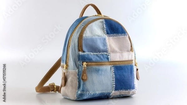 Fototapeta Patchwork Backpack with Recycled Denim and Canvas Fabrics Isolated on White