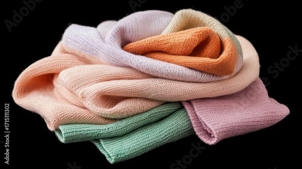 Fototapeta Soft Patchwork Knitted Scarf in Pastel Fabrics Isolated on Black Background