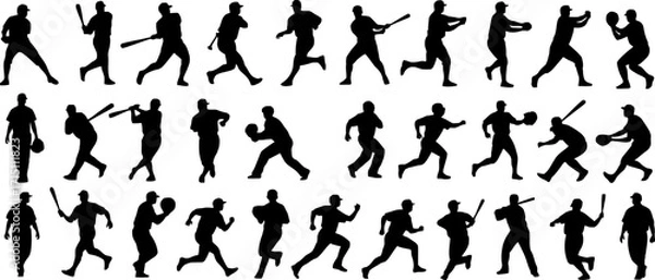 Fototapeta Dynamic silhouettes capture baseball players in action, showcasing pitching, batting, and running for sports graphics