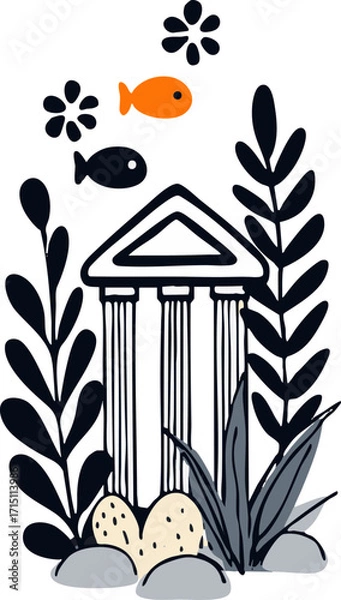 Fototapeta a stylized illustration depicting an aquarium scene featuring a small structure with columns surrounded by plants and fish.
