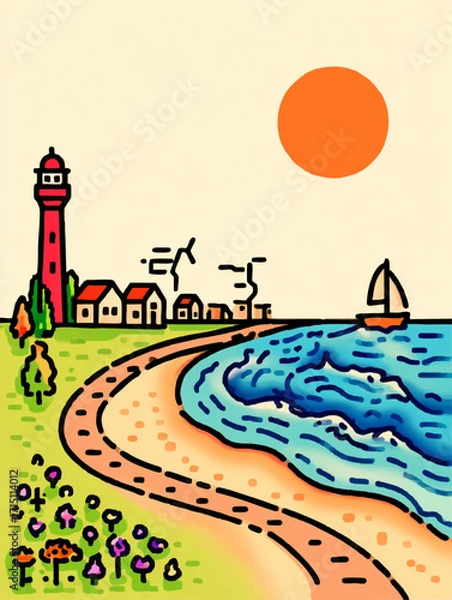 Fototapeta a vibrant, colorful landscape depicting a sunset scene with a lighthouse and a coast.