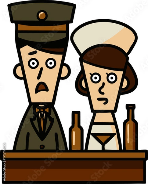 Fototapeta two cartoon characters wearing hats, sitting at a table with bottles