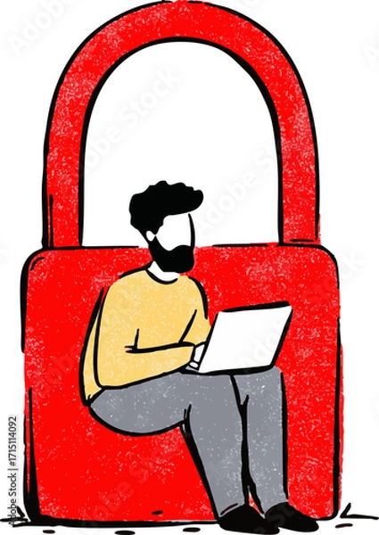 Fototapeta a cartoonish illustration of a man sitting inside a red lock box, using a laptop.