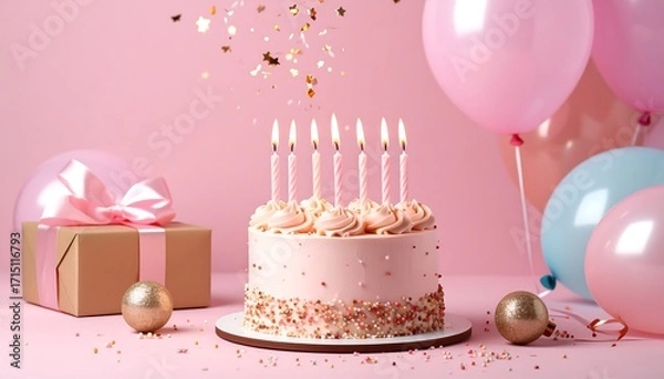 Obraz Pink birthday cake with candles and balloons