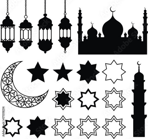 Fototapeta Set of islamic muslim line icon design black outline vector icons isolated against the white background arabic mark vector illustration.%09
