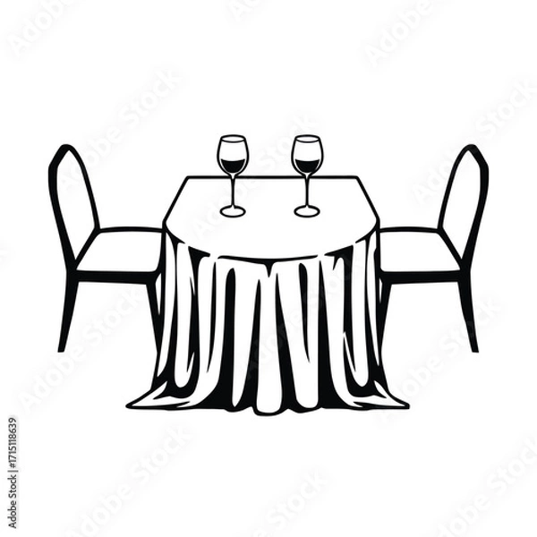 Fototapeta A simple line drawing depicts a round table with two chairs and tableware, perfect for restaurant or cafe imagery.
