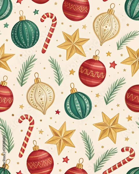 Fototapeta Seamless pattern of baubles, stars and candy canes in red, green and gold, festive wrapping design