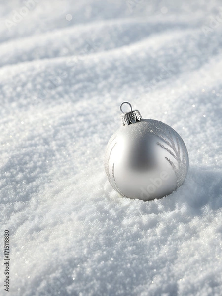 Fototapeta Minimalist background with single silver bauble on white snow-textured surface, premium card design