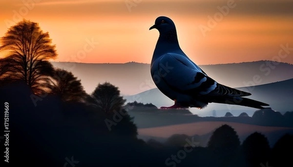 Obraz A lone pigeon stands in sharp silhouette, beautifully framed against a breathtaking warm sunset over a serene, rolling hilly landscape, highlighting natural tranquility