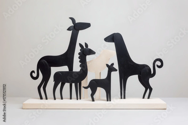 Fototapeta minimalist nativity scene crafted from silhouettes featuring various animals against clean ultrabright white