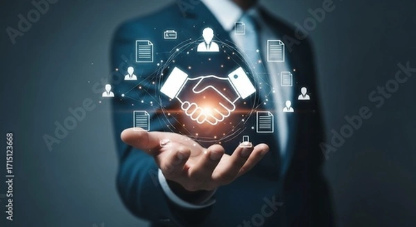 Fototapeta Seal the deal with a handshake illustration in hand, representing partnership and business connections