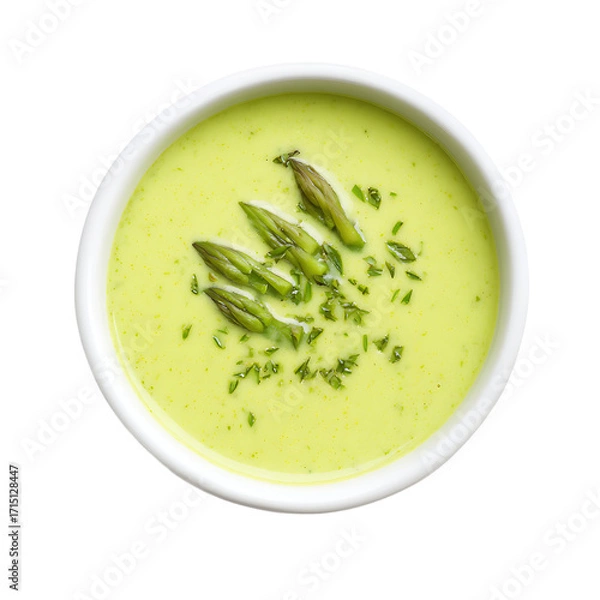 Fototapeta Top - down view of creamy pale green asparagus soup in a white bowl garnished with asparagus spears and fresh herbs Healthy and delicious