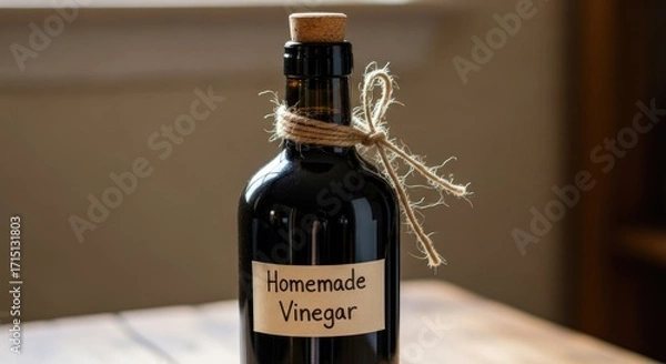 Fototapeta A dark glass bottle of homemade vinegar tied with twine and a label.
