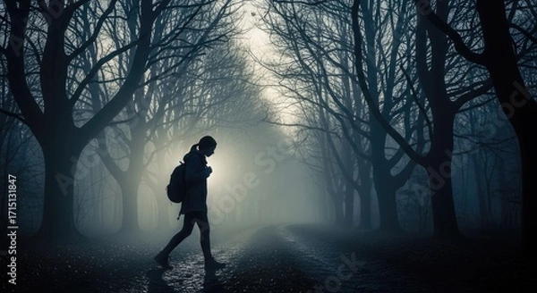 Fototapeta A lone figure walks down a misty forest path with sunlight filtering through the trees.