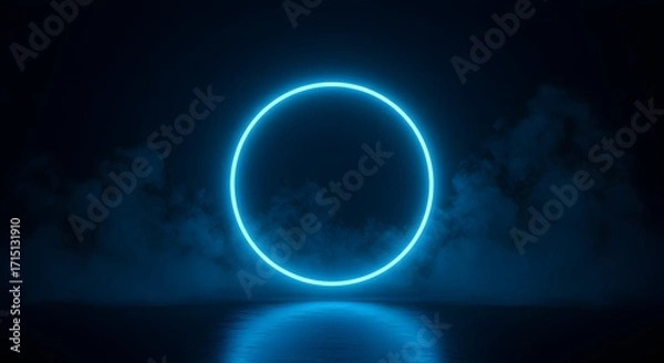 Obraz Neon Blue Circle on a Dark background: An elegant glowing neon blue circle floats against a dark background creating a modern minimalist aesthetic and a mysterious aura.