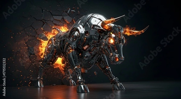 Obraz Robotic Bull Roaring with Metallic Fury: A formidable mechanical bull, constructed of polished metal and blazing fiery elements, strikes a pose of unbridled power and technological innovation.