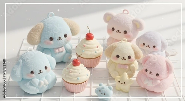 Obraz Whimsical Soft Toys & Pastries: A pastel-hued display of charming, plush toys alongside delectable miniature pastries. A sweet treat for the eyes!