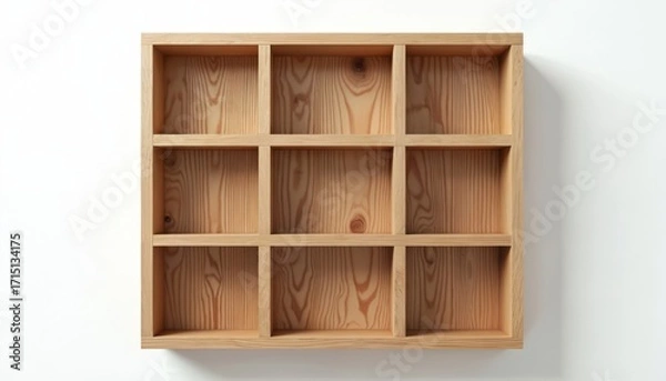 Fototapeta Minimalist wall mounted wooden shelf unit features nine square compartments. Natural wood grain texture, clean brown finish. Geometric shelving design offers versatile storage, organization for home