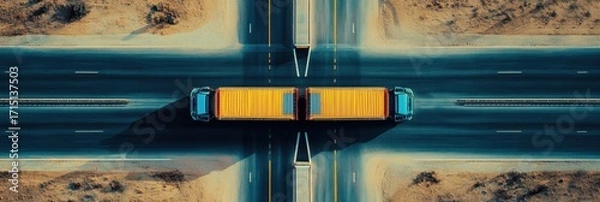 Fototapeta Two trucks crossing paths on a wide highway in a desert landscape during bright daylight showcasing vibrant yellow and blue colors