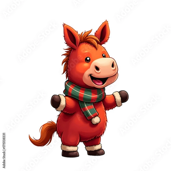Fototapeta Funny cartoon baby horse character smiling while wearing a scarf for Christmas - isolated, transparent background 