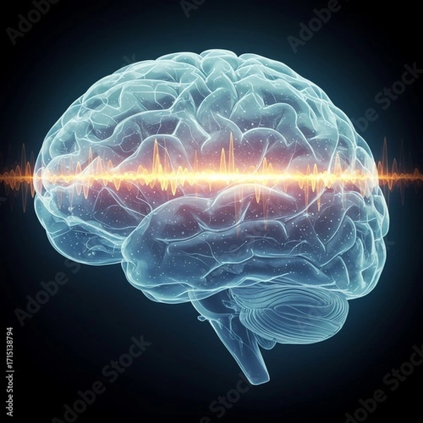 Fototapeta Human brain with neural network and sound waves