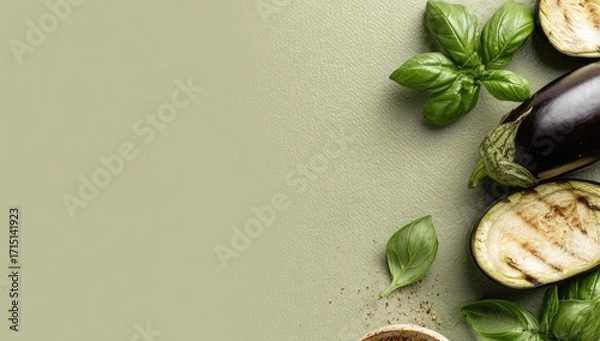 Fototapeta Grilled eggplant halves and fresh basil leaves arranged on a muted green background, leaving ample space to the left.  A small bowl of seasoning is visible