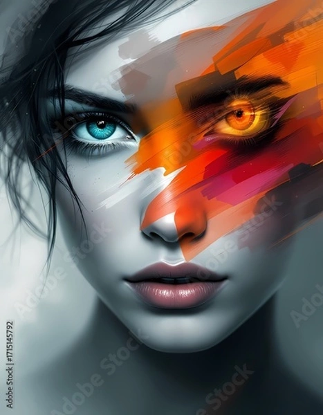 Fototapeta Surreal portrait of woman with colorful abstract paint strokes and glowing eyes