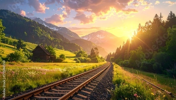 Fototapeta Golden hour mountain railway journey through lush valley