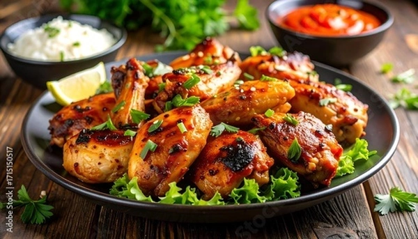 Fototapeta Grilled chicken wings with a sweet and spicy glaze, served on a plate with fresh lettuce and a side of rice and sauce