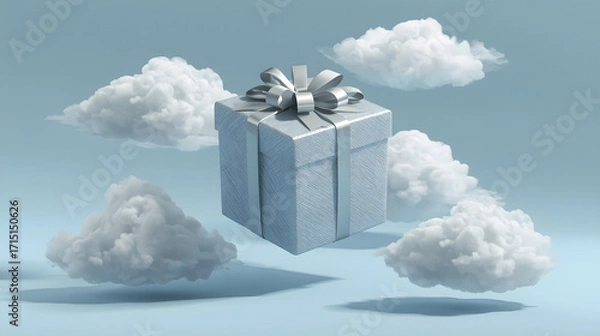 Obraz A silver gift box floats serenely amidst fluffy white clouds against a pale blue backdrop.